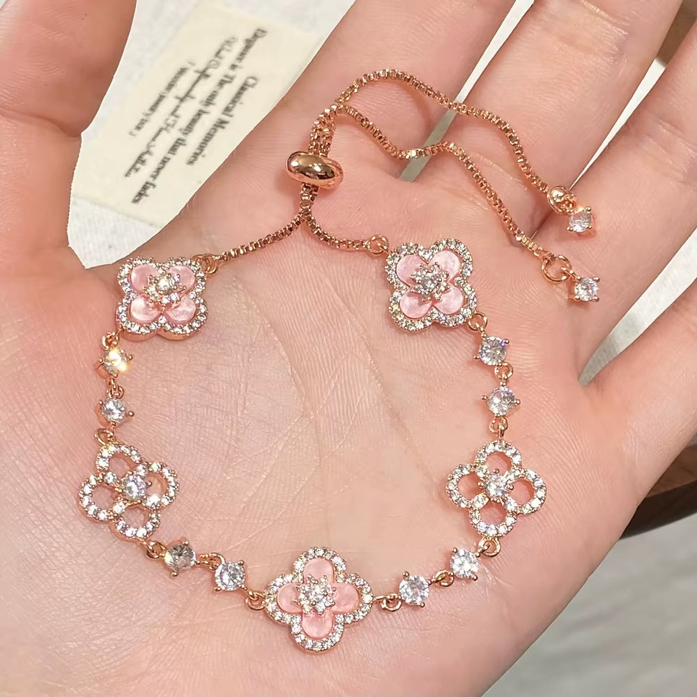 Vershal D-241 Pink Lucky Clover Inlay Zircon Fashion Bracelet 18K Gold Plated Elegant Bracelet for Women