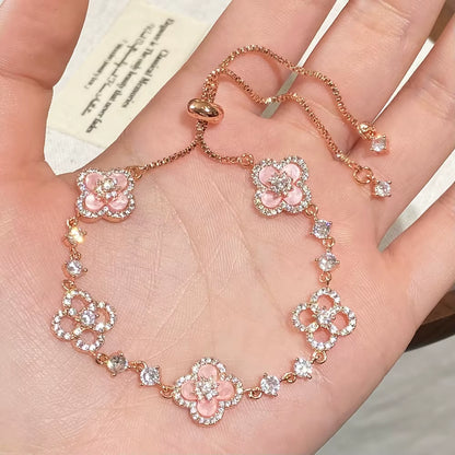 Vershal D-241 Pink Lucky Clover Inlay Zircon Fashion Bracelet 18K Gold Plated Elegant Bracelet for Women